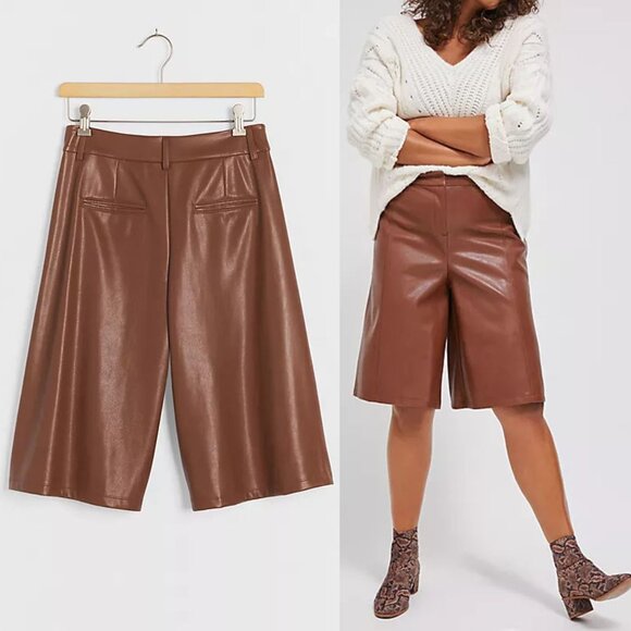 NEW Anthropologie Davina Faux Leather Culottes Pants Plus 14P Cognac Brown $128 - Picture 3 of 16